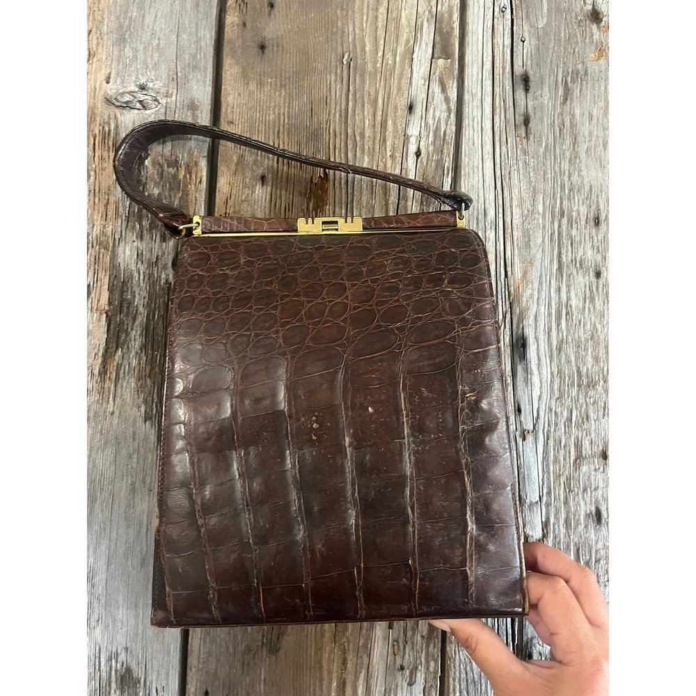 Vintage Brown Crocodile Skin Top Handle Handbag Gold Frame Mid Century Bag - Picture 2 of 7